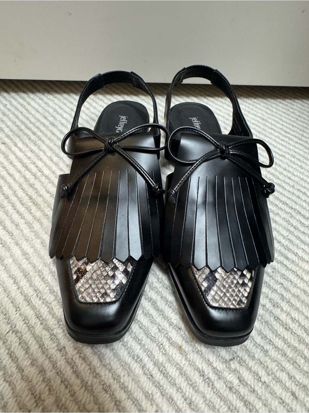 Fringe Slingback Loafers in Black with Snake-Print Accent Leather Size 6